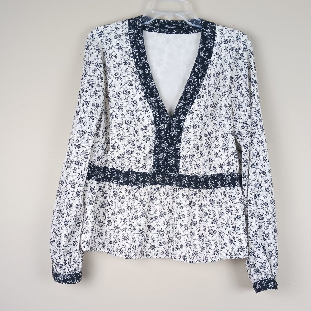 MADEWELL| Embroidered Black and White Floral V-Neck Lined Blouse Size XXL